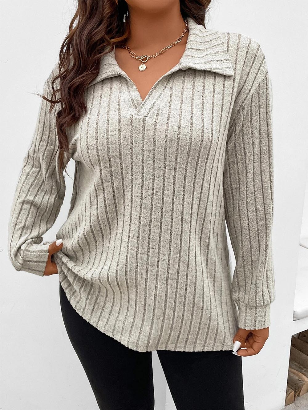 Oversized V-Neck Long Sleeve Ribbed Brushed T-Shirt | NCS
