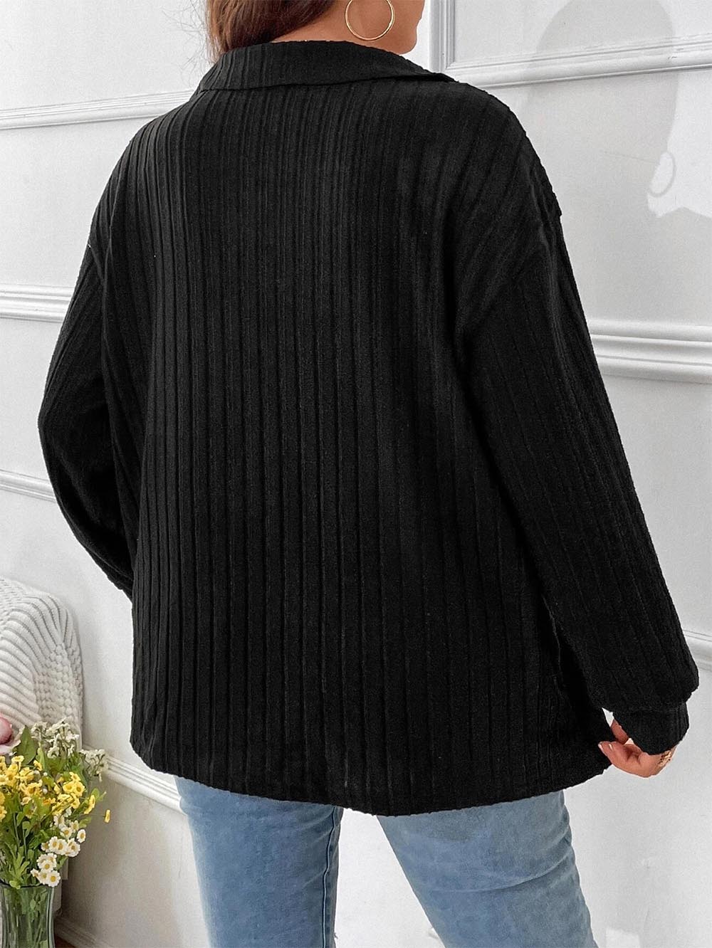 Oversized V-Neck Long Sleeve Ribbed Brushed T-Shirt | NCS