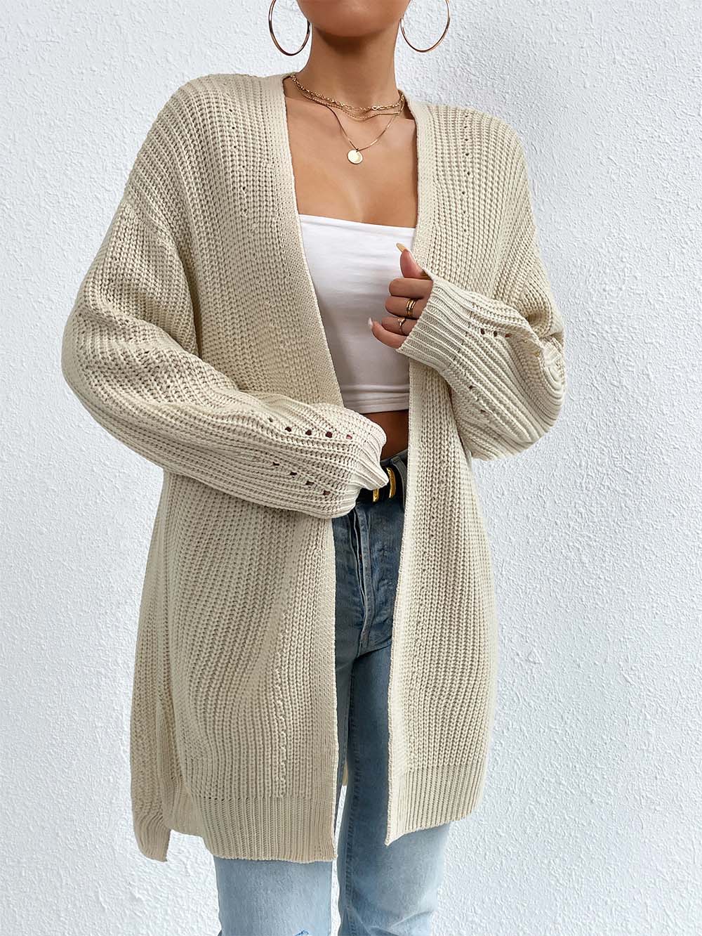 Mid-Length V Neck Knit Cardigan