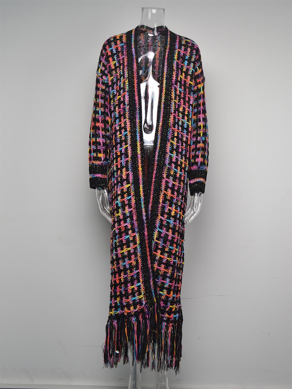 Plus-Size Tassel Fringe Long Cardigan with Colorful Thread Weaving | NCS