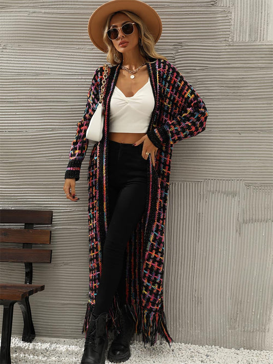 Plus-Size Fringe Trimming Long Cardigan