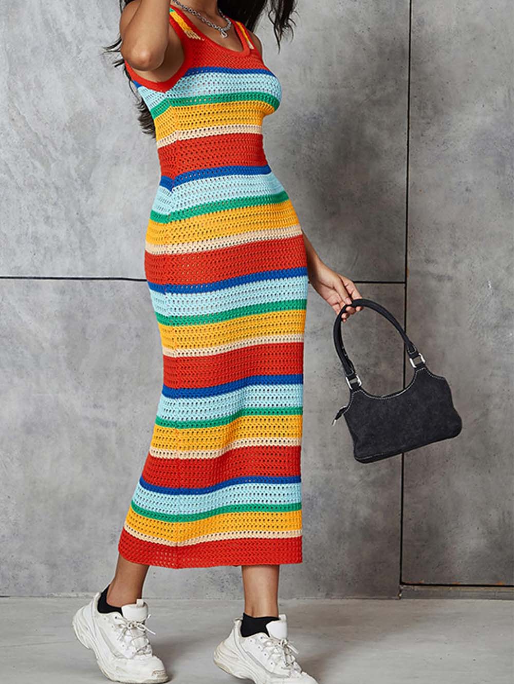 Rainbow Spoon Neck Sleeveless Knit Dress | NCS