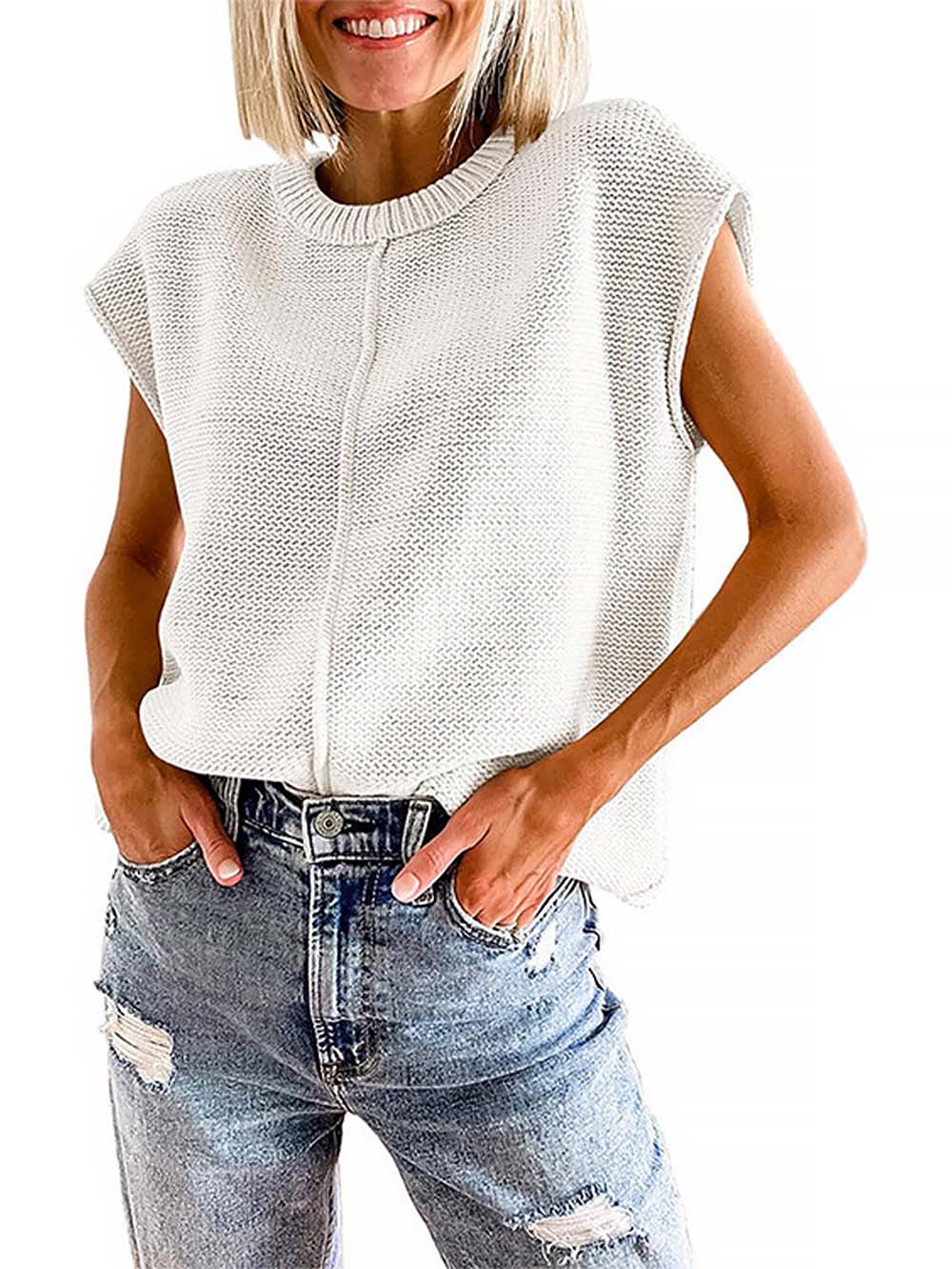 Rolled Cap Sleeve Round Neck Sweater Vest | NCS