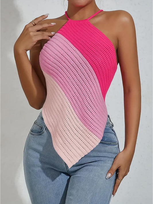 Striped Lace Up Backless Asymmetrical Hem Knit Top | NCS