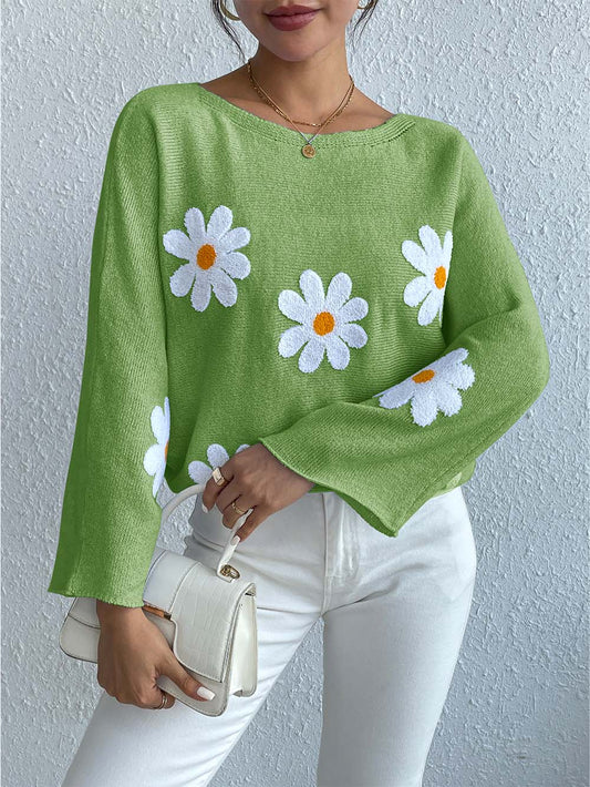 Sweet Floral Bell Sleeve Loose Knit Top | NCS
