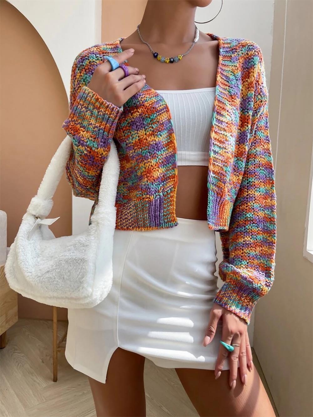 Women Y2K Knit Cropped Cardigan Vintage Rainbow Sweaters| NCS