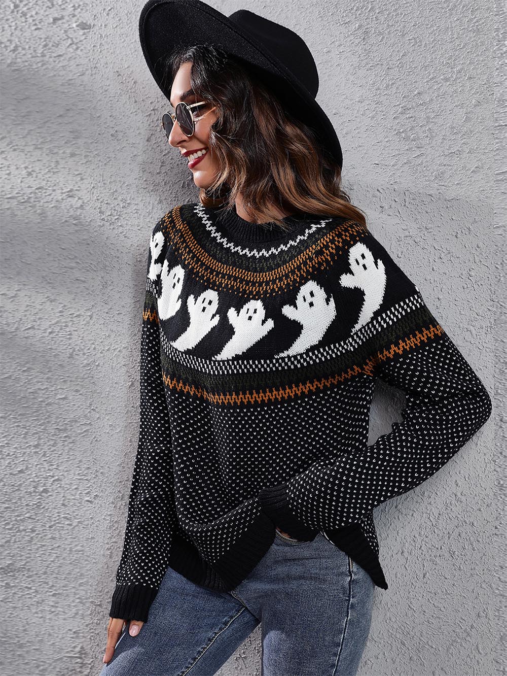 Women's Halloween Ghost Vintage Polka Dot Long Sleeve Knit Sweater | NCS