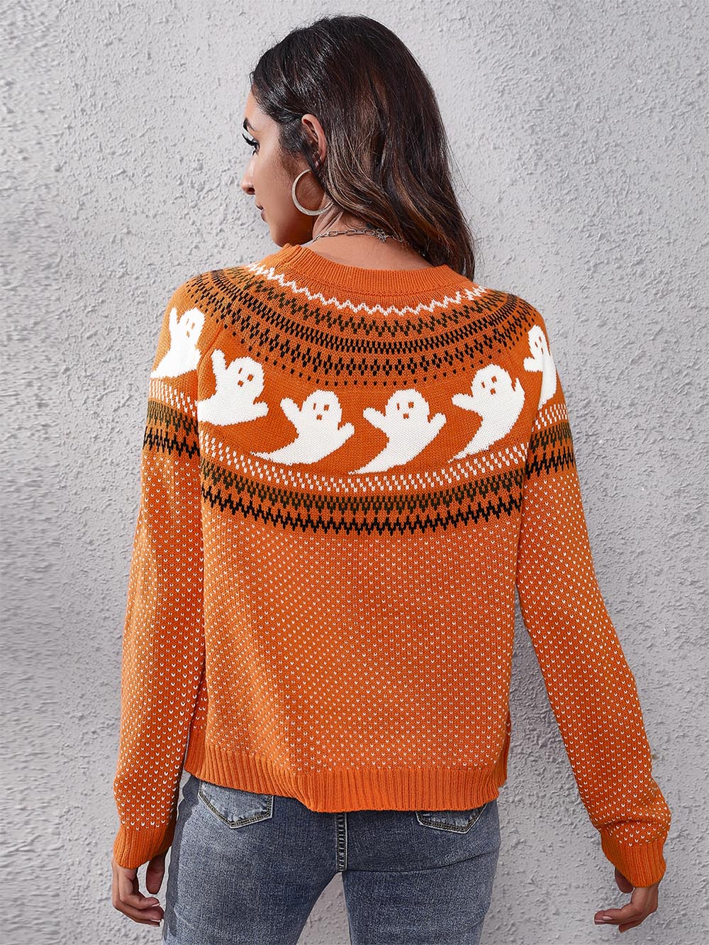 Women's Halloween Ghost Vintage Polka Dot Long Sleeve Knit Sweater | NCS