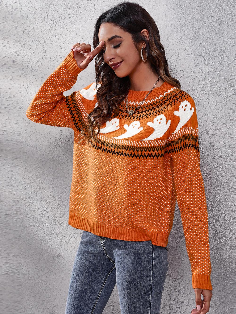Women's Halloween Ghost Vintage Polka Dot Long Sleeve Knit Sweater | NCS