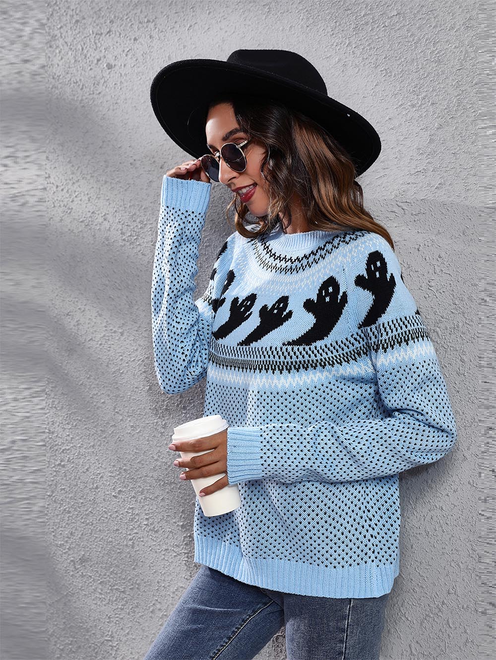 Women's Halloween Ghost Vintage Polka Dot Long Sleeve Knit Sweater | NCS