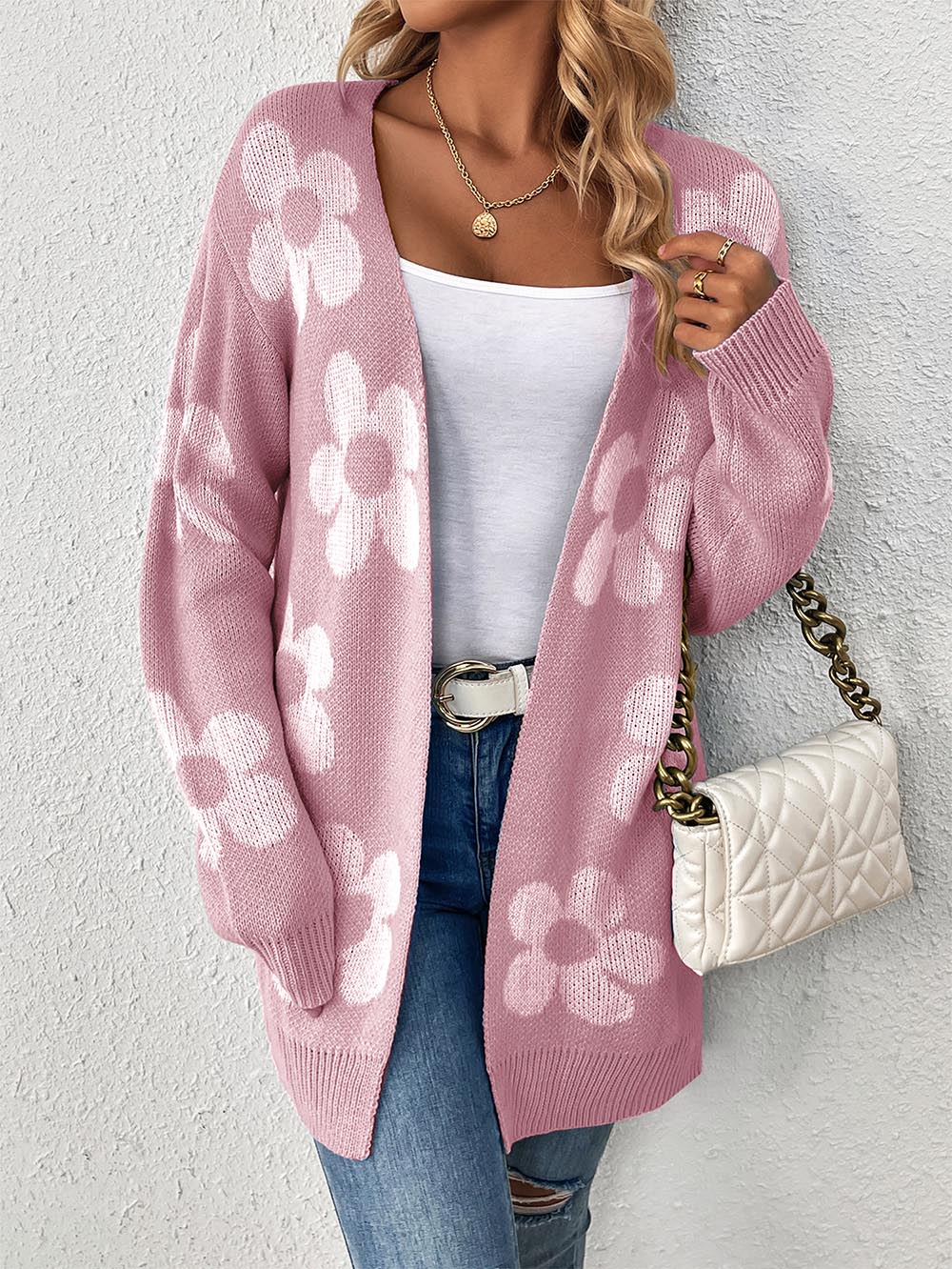 Women's Mid-Length Floral V-Neck Long Sleeve Knit Cardigan | NCS