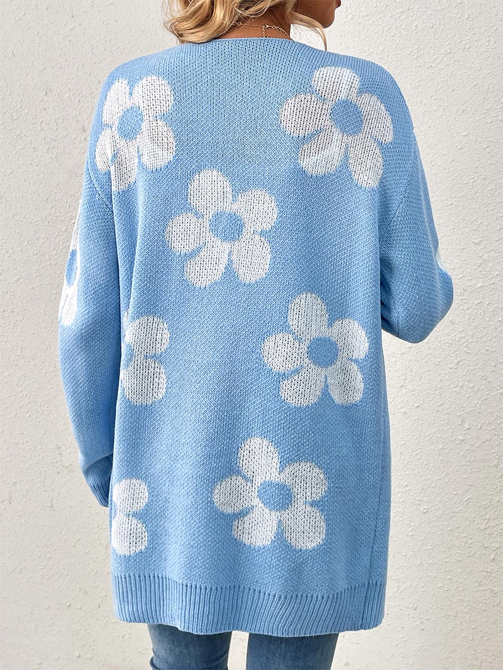 Women's Mid-Length Floral V-Neck Long Sleeve Knit Cardigan | NCS