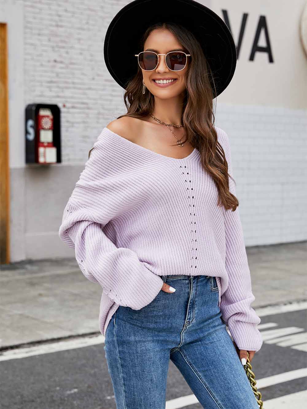 Women's Relaxed Fit V-Neck Long Sleeve Knit Sweater | NCS