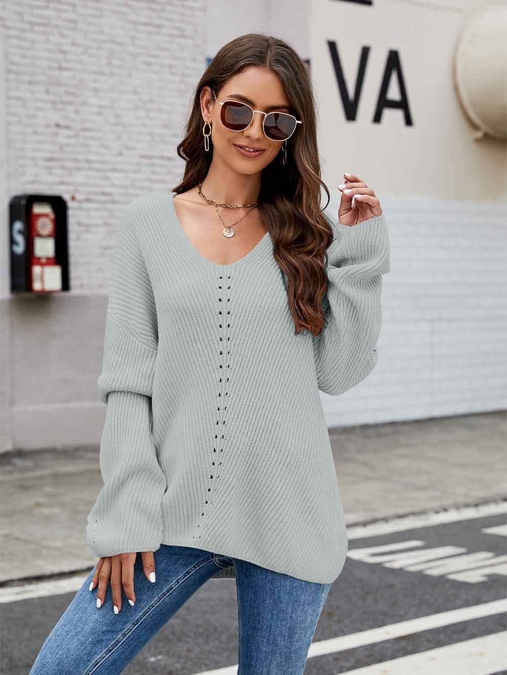Women's Relaxed Fit V-Neck Long Sleeve Knit Sweater | NCS