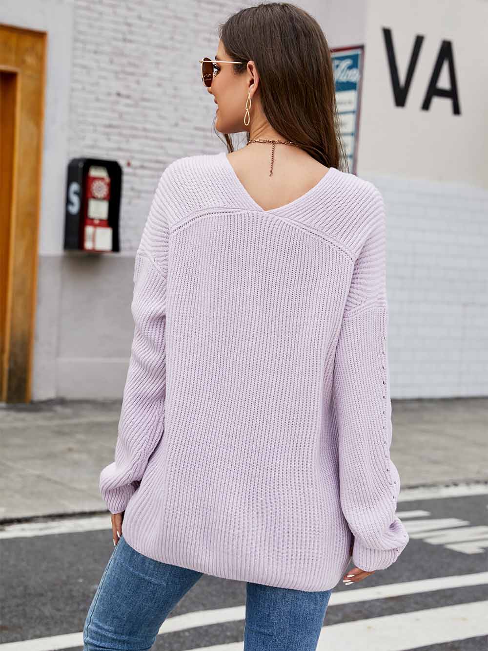 Women's Relaxed Fit V-Neck Long Sleeve Knit Sweater | NCS