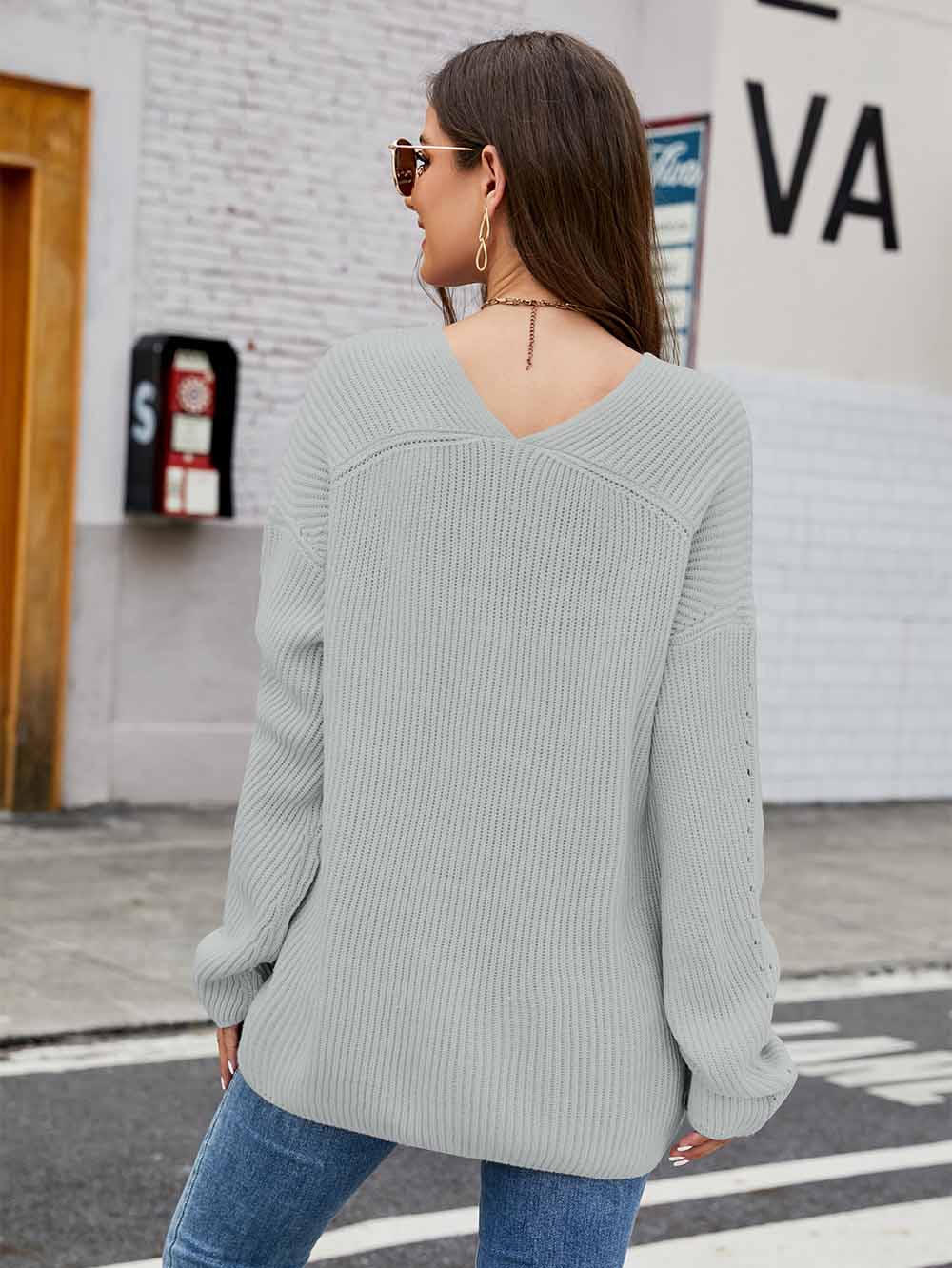 Women's Relaxed Fit V-Neck Long Sleeve Knit Sweater | NCS