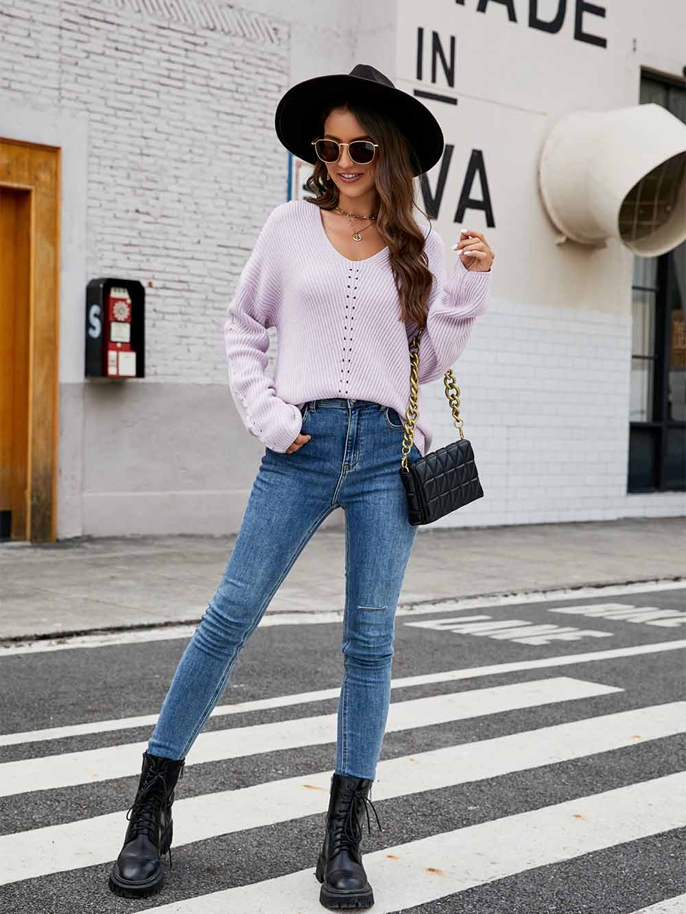Women's Relaxed Fit V-Neck Long Sleeve Knit Sweater | NCS