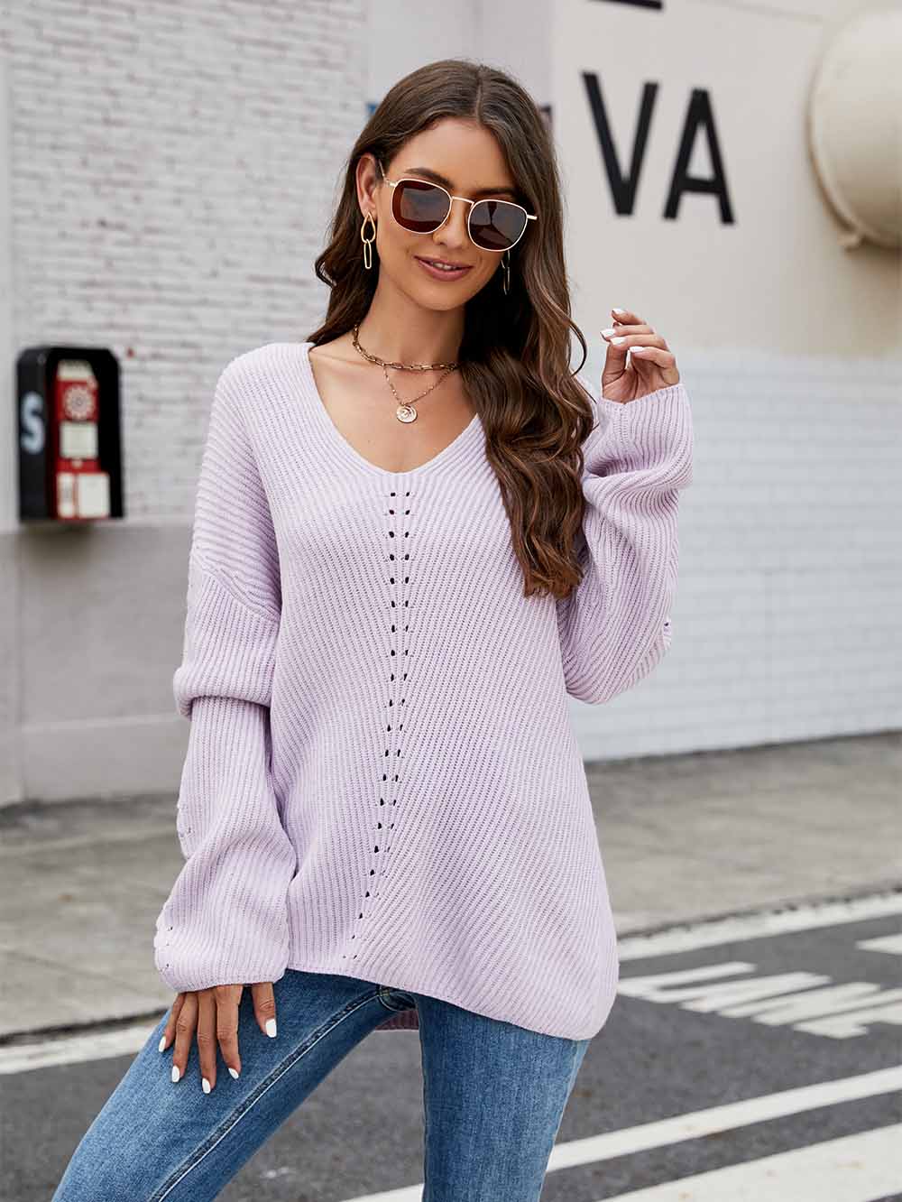 Women's Relaxed Fit V-Neck Long Sleeve Knit Sweater | NCS