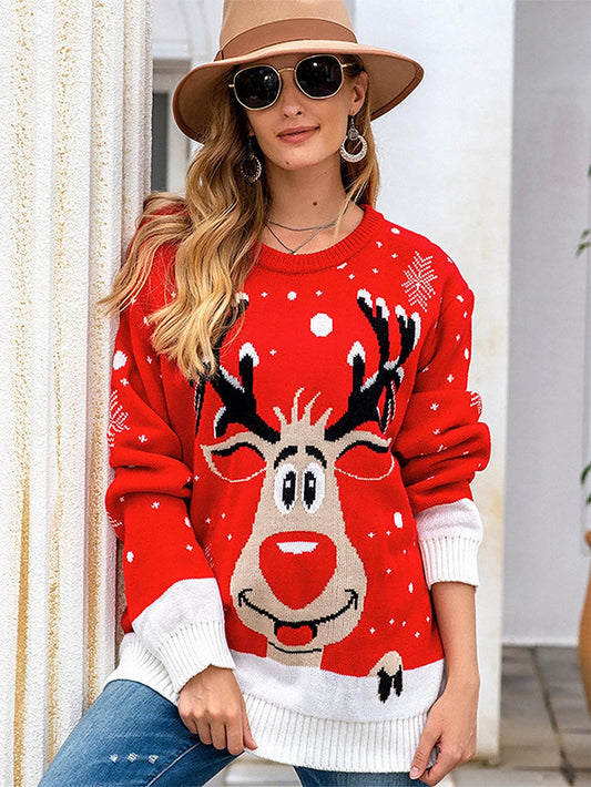 Oversized Christmas Reindeer Jacquard Knit Sweater | NCS