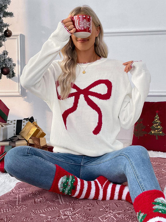 Bowknot Pattern Oversized Long-Sleeve Christmas Sweater | NCS