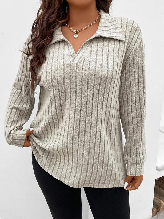 Oversized V-Neck Long Sleeve Ribbed Brushed T-Shirt | NCS
