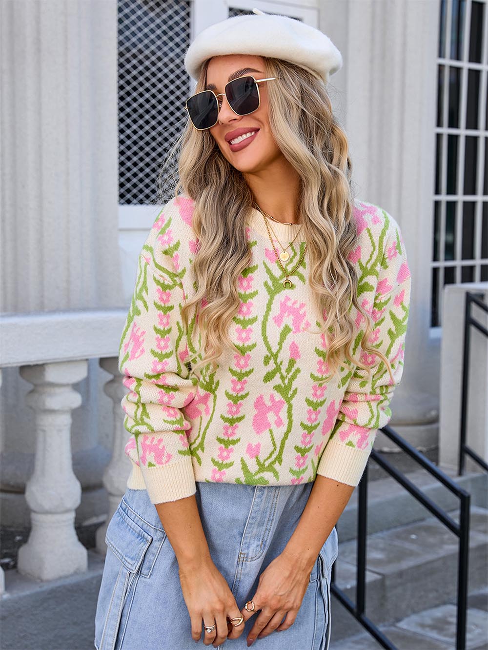 Vine Flower Jacquard Fashion Knit Sweater | NCS