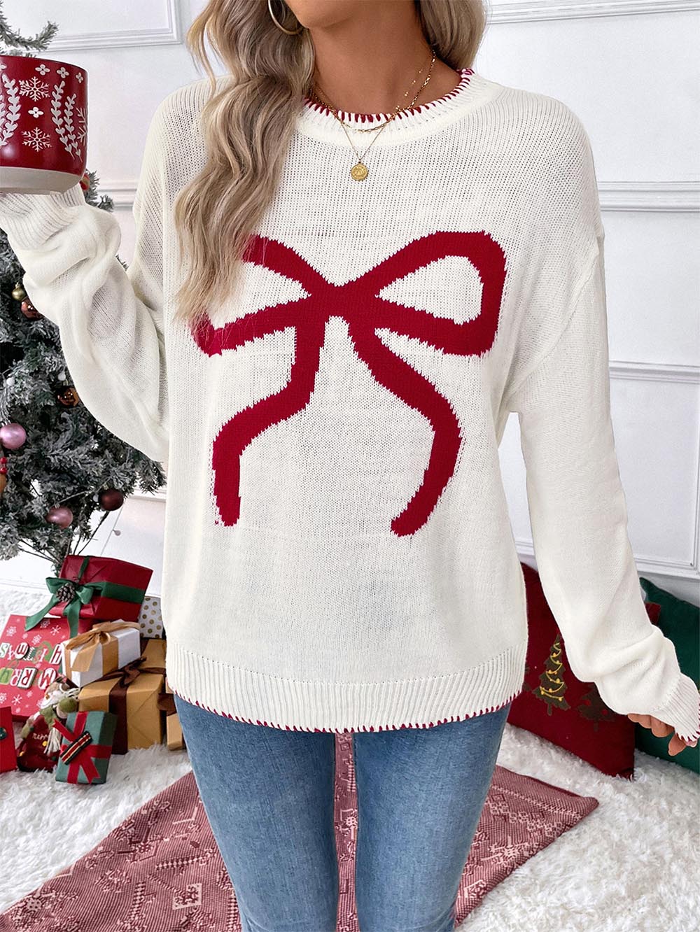 Bowknot Pattern Oversized Long-Sleeve Christmas Sweater | NCS