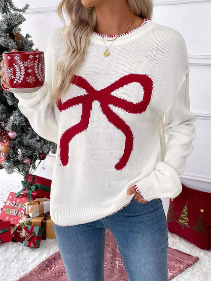 Bowknot Pattern Oversized Long-Sleeve Christmas Sweater | NCS