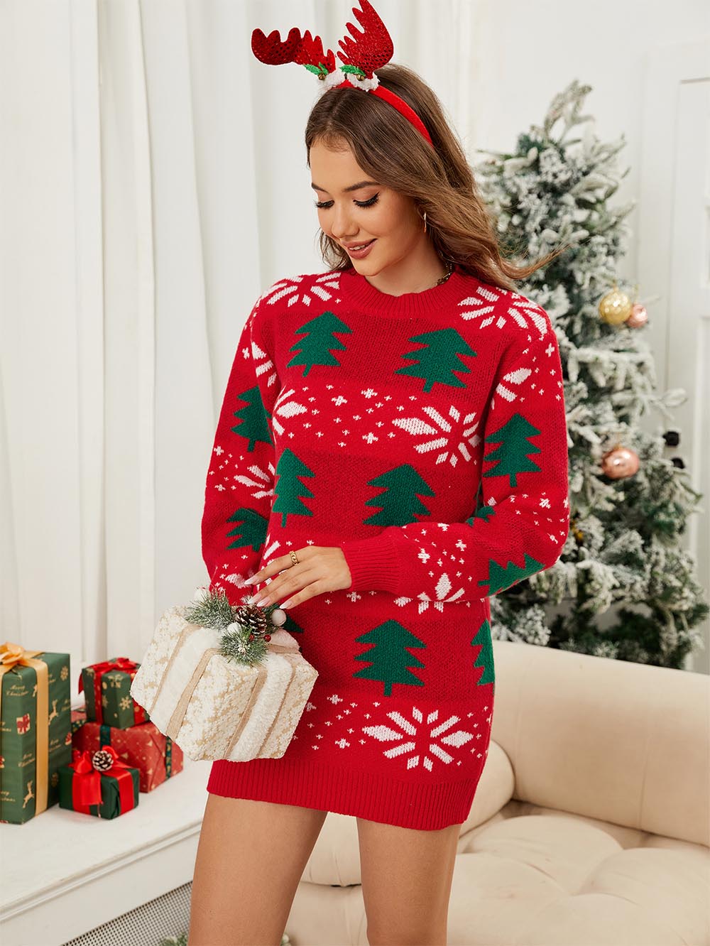 Christmas Tree Jacquard Long Knit Sweater Dress | NCS