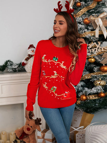 Adorable Reindeer Embroidered Christmas Knit Sweater | NCS