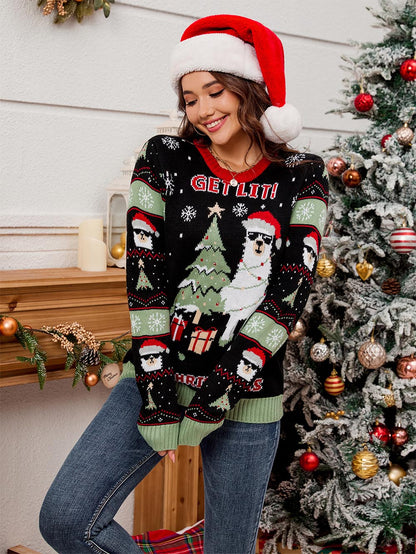 Alpaca Patterned Loose Christmas Sweater with Lights | NCS