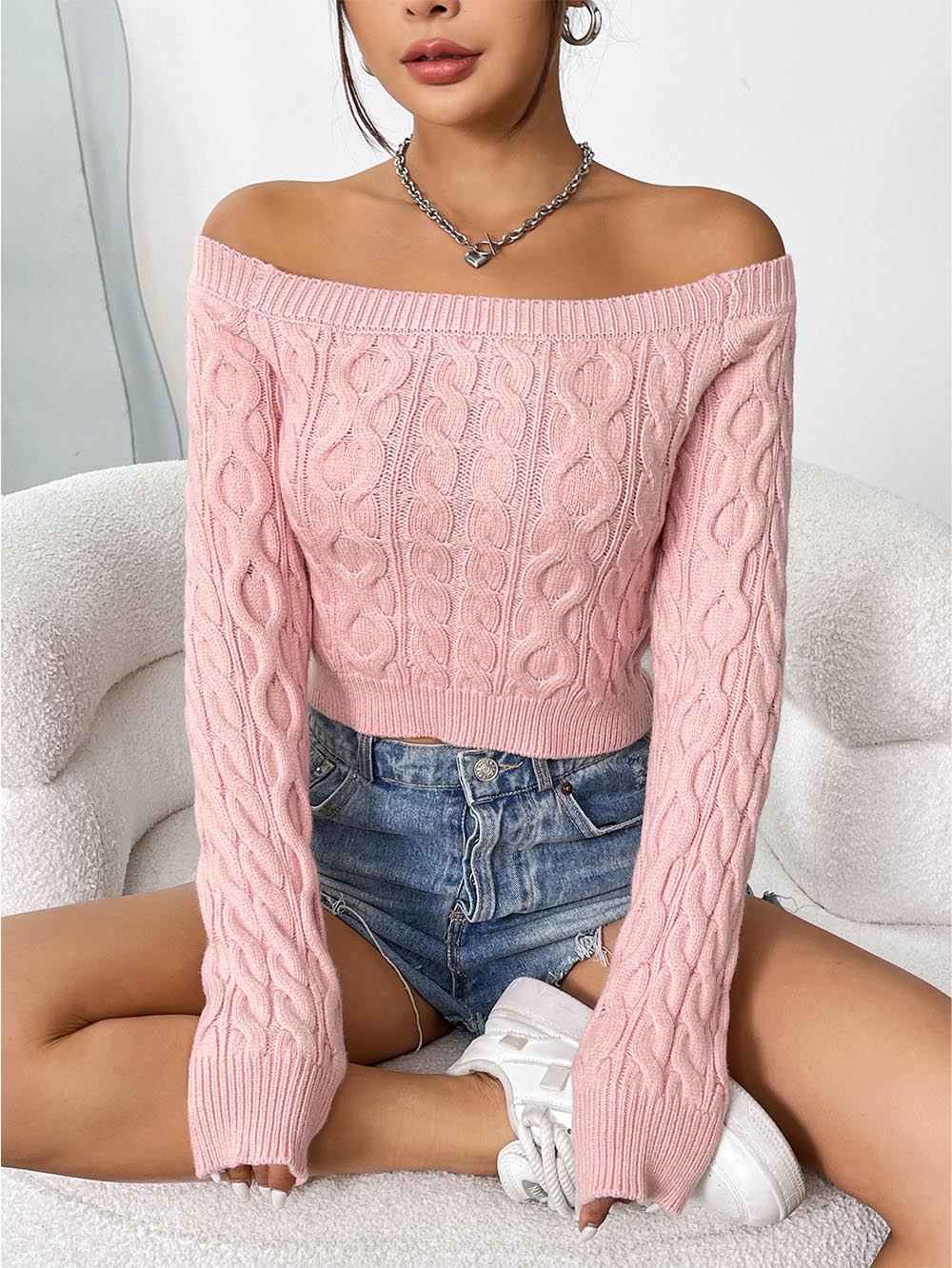 Bare Shoulders Form-Fitting Short Knit Sweater  | NCS