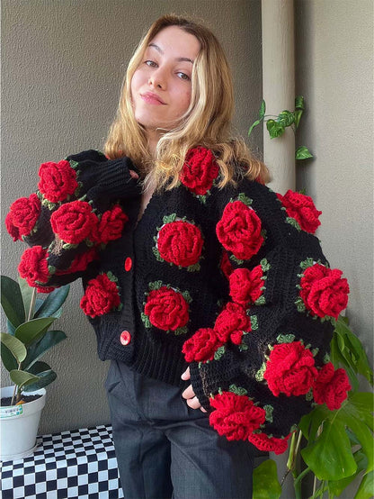 Black Rose Floral Handcraft Oversized Knit Cardigan | NCS