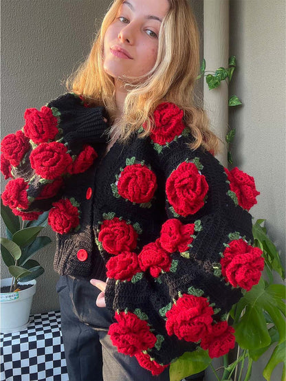 Black Rose Floral Handcraft Oversized Knit Cardigan | NCS