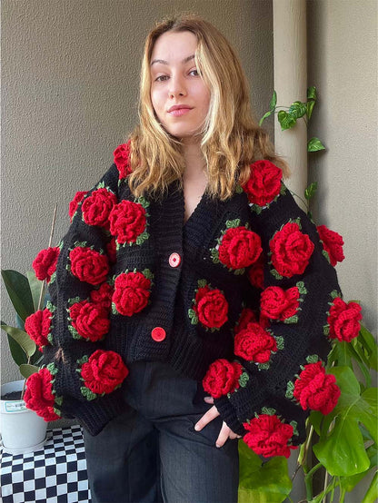 Black Rose Floral Handcraft Oversized Knit Cardigan | NCS