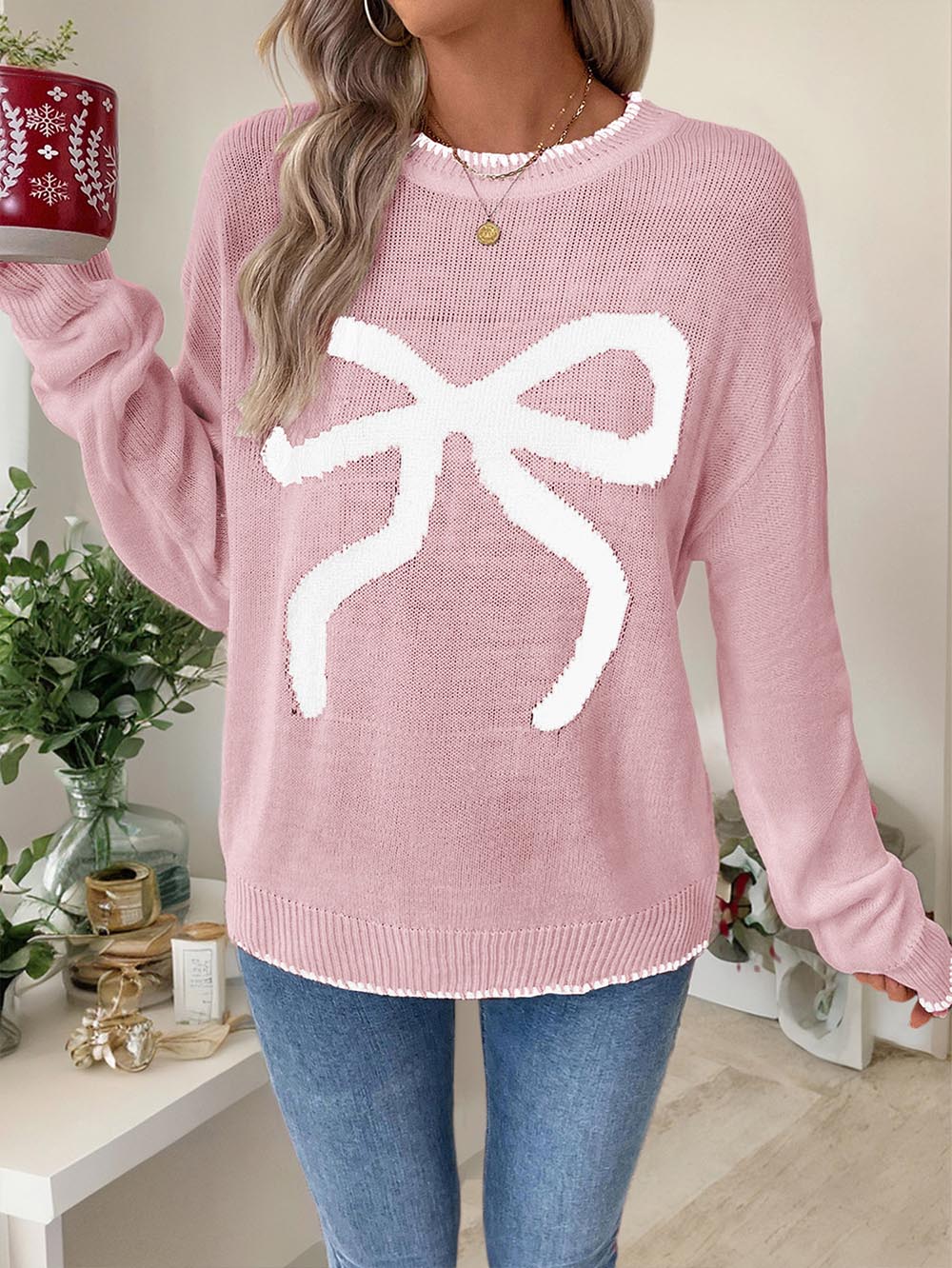 Bowknot Pattern Oversized Long-Sleeve Christmas Sweater | NCS