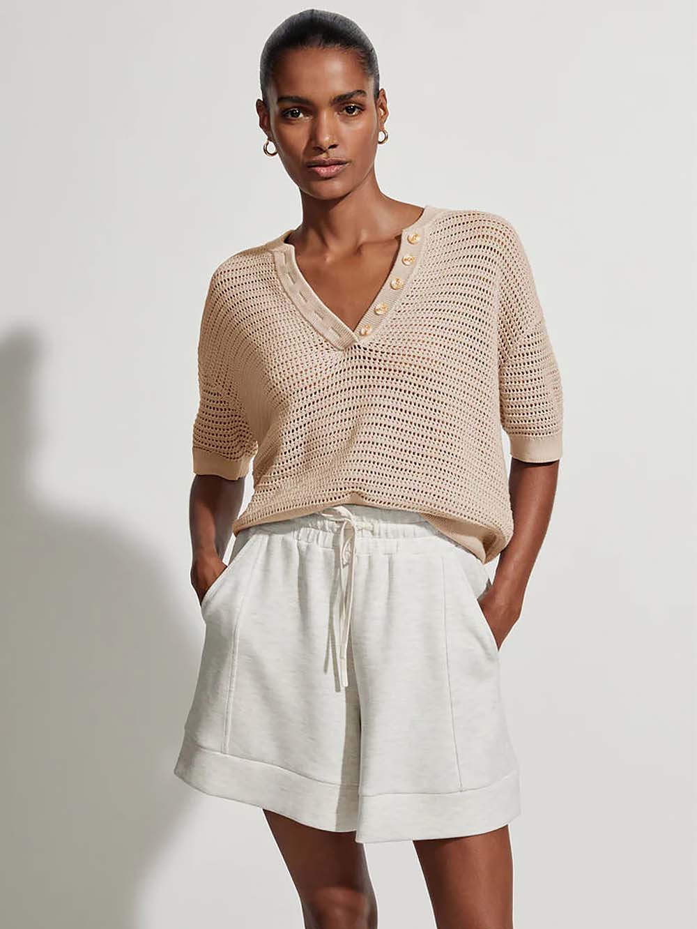 Casual V-Neck Hollow Pullover Short Sleeve Sweater | NCS