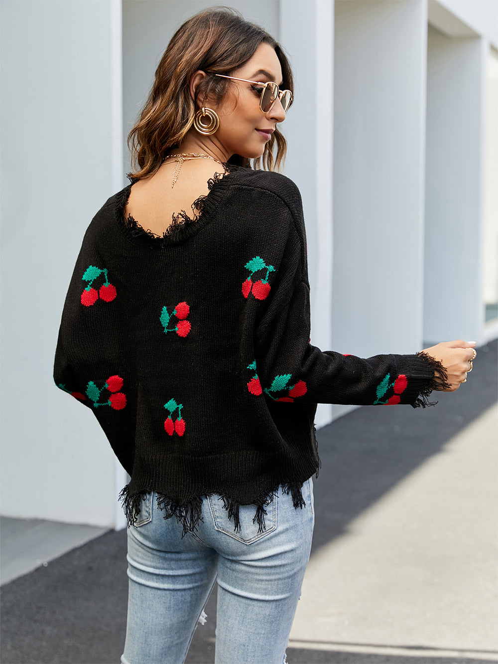 Cherry Pattern V-Neck Fringe Cropped Sweater | NCS