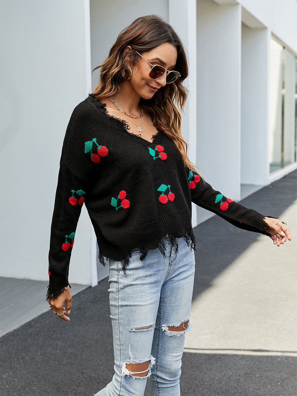 Cherry Pattern V-Neck Fringe Cropped Sweater | NCS