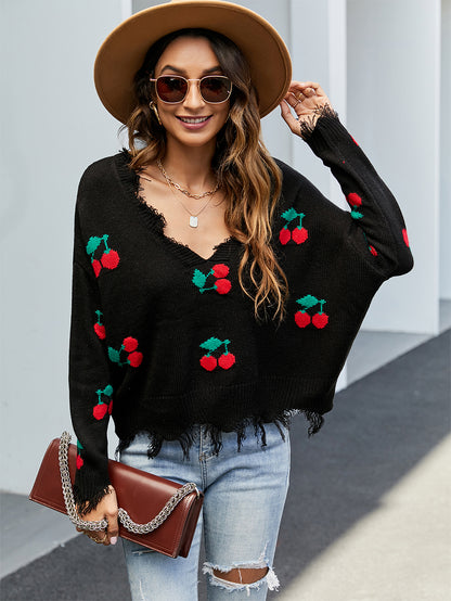 Cherry Pattern V-Neck Fringe Cropped Sweater | NCS