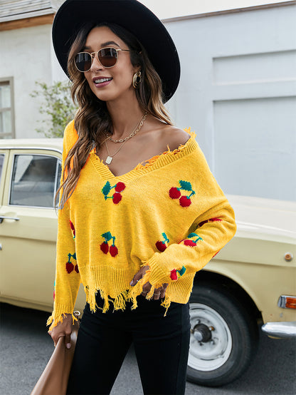 Cherry Pattern V-Neck Fringe Cropped Sweater | NCS