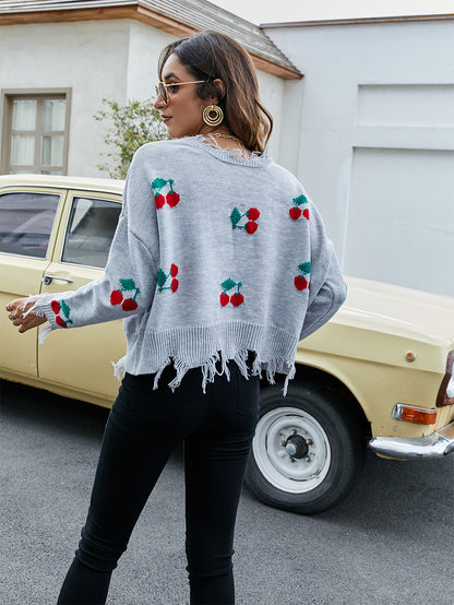 Cherry Pattern V-Neck Fringe Cropped Sweater | NCS