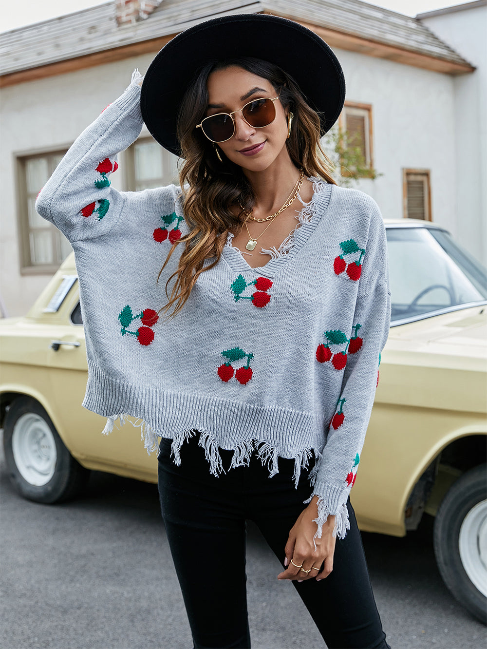 Cherry Pattern V-Neck Fringe Cropped Sweater | NCS