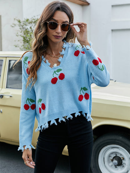 Cherry Pattern V-Neck Fringe Cropped Sweater | NCS