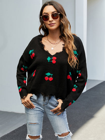 Cherry Pattern V-Neck Fringe Cropped Sweater | NCS