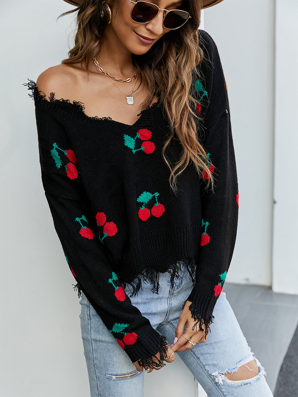 Cherry Pattern V-Neck Fringe Cropped Sweater | NCS