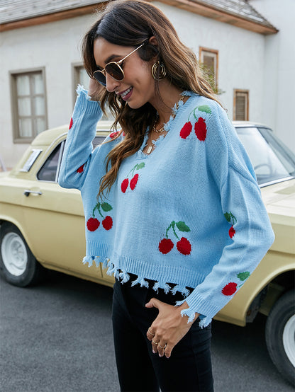 Cherry Pattern V-Neck Fringe Cropped Sweater | NCS