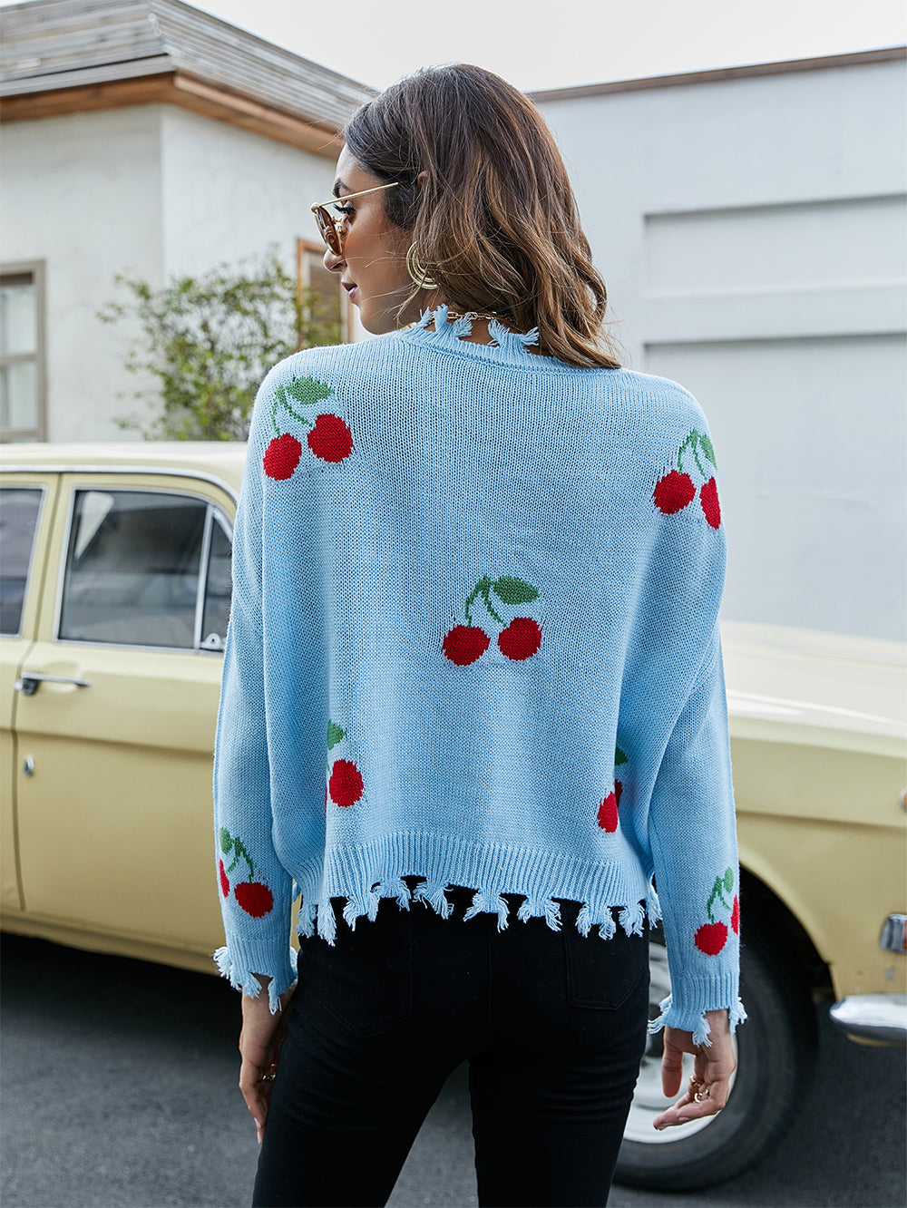 Cherry Pattern V-Neck Fringe Cropped Sweater | NCS