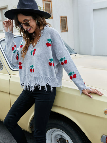 Cherry Pattern V-Neck Fringe Cropped Sweater | NCS