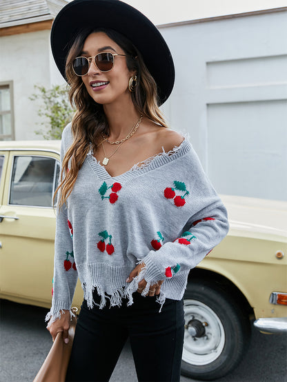 Cherry Pattern V-Neck Fringe Cropped Sweater | NCS